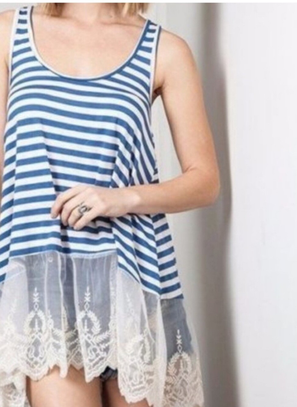 SALE! Umgee- Blue & Whote Striped Lace-Hem Tunic